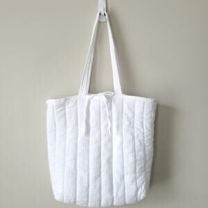 Women White Cotton Gauze Tote Bag Beach Coastal Resort Vacation Casual Boho